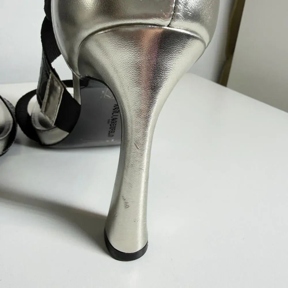 Karl Lagerfeld Paris Metallic Logo Strap Dress high heel Sandals 7.5 women NWOT